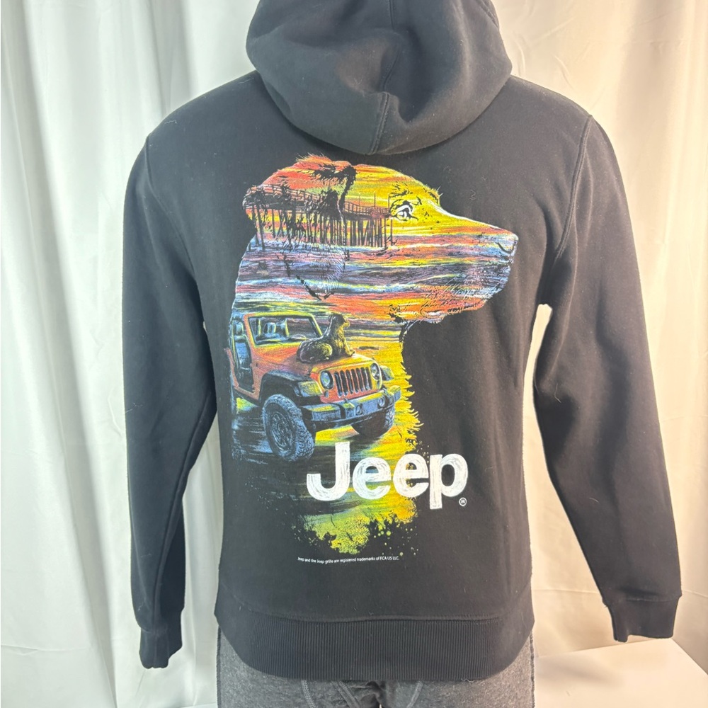 Jeep Official Licensed Black Graphic Hoodie - Dog & Sunset Design men’s medium